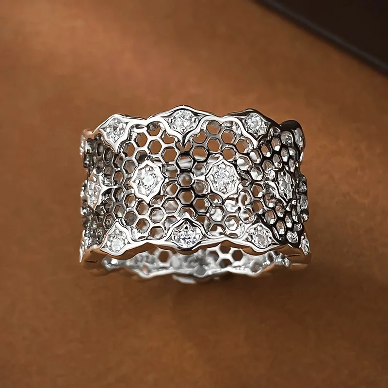 2023 New Black Lace Ring S925 Silver Hollow Mesh Index Finger Ring Women's European and American Style Wide Edition