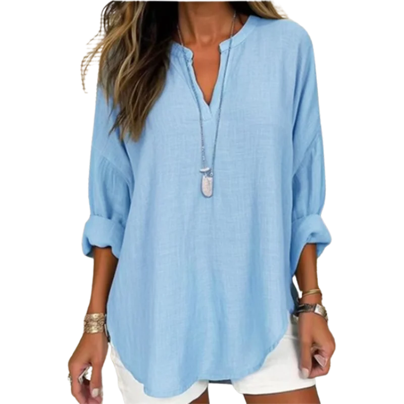 Women's Casual Loose Long Sleeve V-Neck T-Shirt Autumn Fashion Elegant Blue Top Office Lady Work Clothes