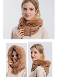 Gorro de invierno con capucha para mujer, máscara facial, pelusa, mantiene el calor, bufanda de cuello, gorro con capucha, gorro de punto de Cachemira, calentador de cuello