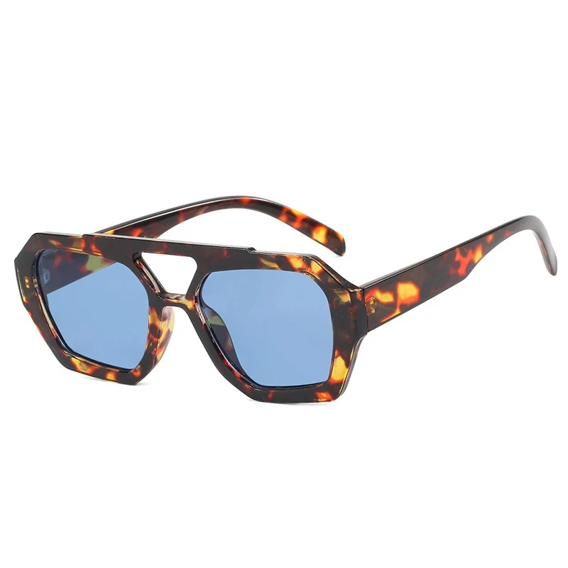 Leopard Blue Square Sunglasses Women Retro Double Bridge Luxury Brand Sun Glasses Female Fashion Shades Eyewear Oculos De Sol