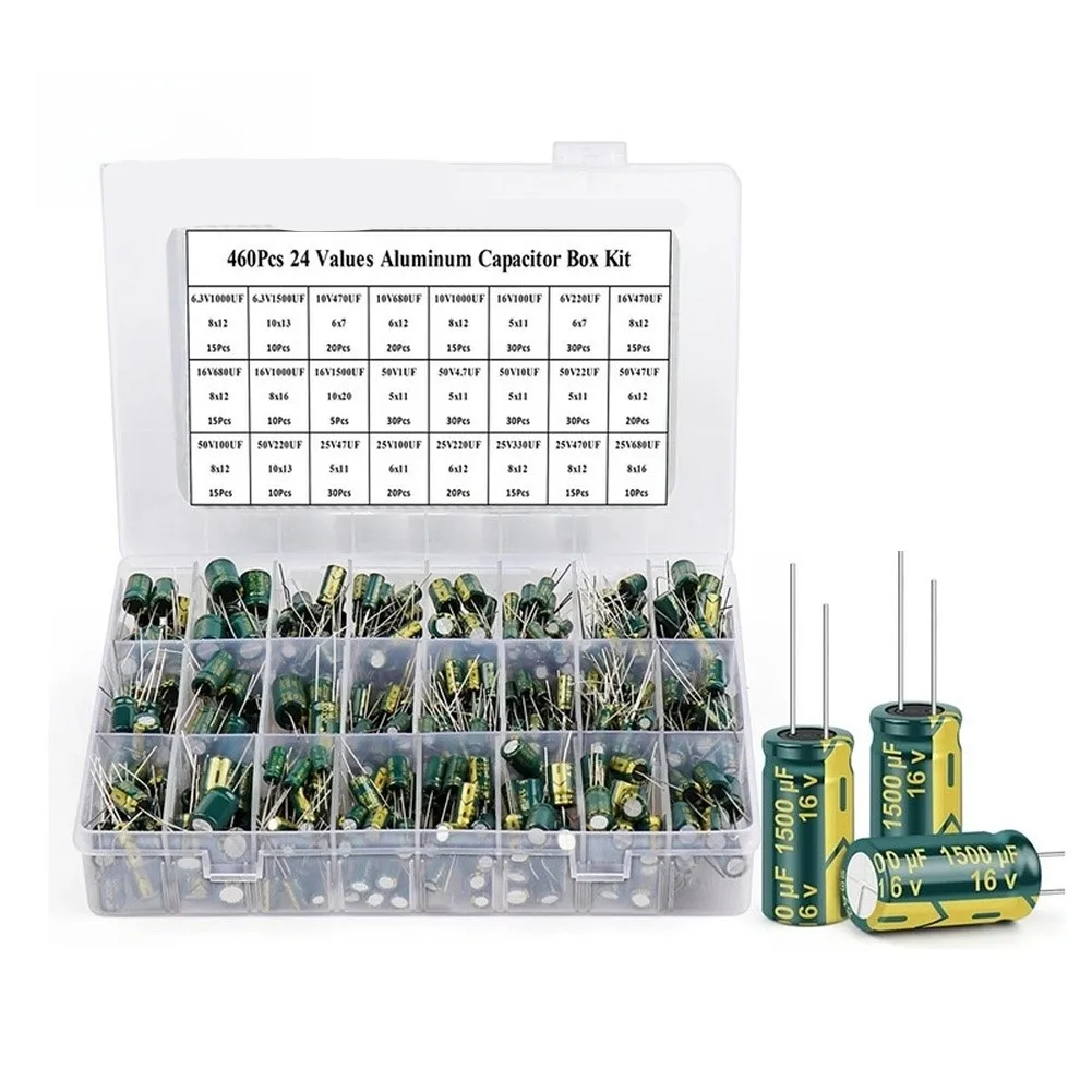Electrolytic Capacitor Kit 460 Components 24 Different uF Ratings 1uF-1500uF Voltage Range 6.3V 10V 16V 25V 35V 50V
