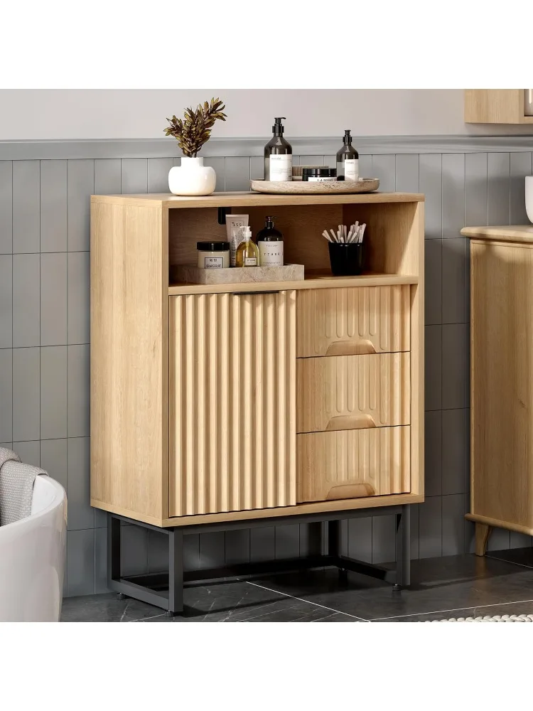 

Floor Cabinet with Sliding Door, Modern 3 Drawers Storage Organizer with Black Metal Base Adjustable Shelf Wood