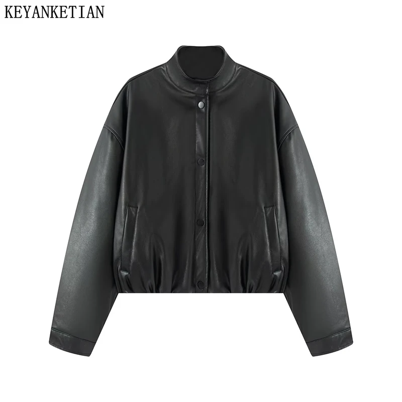 KEYANKETIAN Winter New Women's Loose High Neck Single Breasted Side Pocket With Cotton Faux Leather Pilot Jacket Women Coat