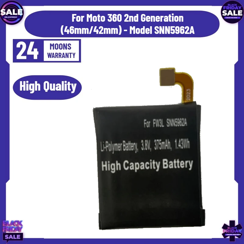 New High Quality 3.8V 375mAh Battery for Motorola SNN5962A 360 Gen 2 46MM FW3L Smartwatch Battery