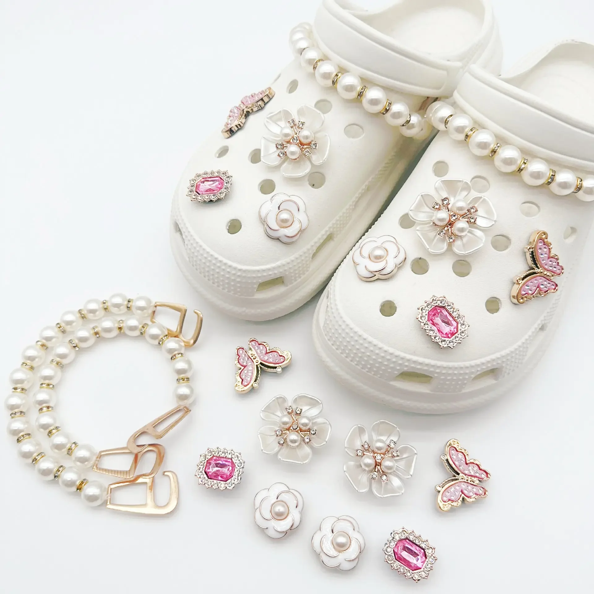 10PCS Creative Shoe Decoration Fashion DIY Shoe Flower Shoe Jewelry Set Diamond Butterfly Pearl Flower Detachable Chain Buckle image 4