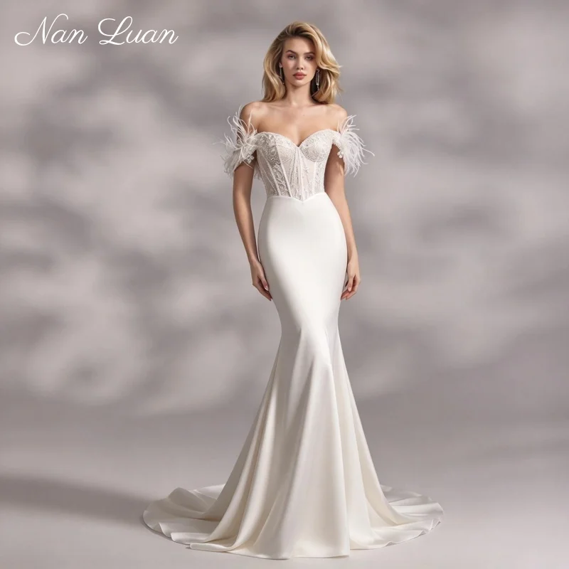 Elegant Satin Mermaid Bridal Gown Sweetheart Off Shoulder Feather Lace Vestidos De Novia Customized