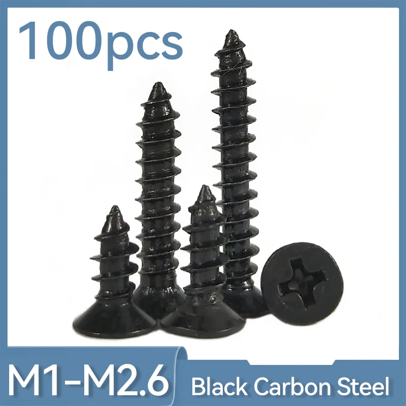 

100pcs M1.2 M 1.3 M1.4 M1.5 M1.6 M1.7 1.8 M2.2 2.5 2.6 Black Carbon Steel Cross Flat Countersunk Head Mini Self Tapping Screw