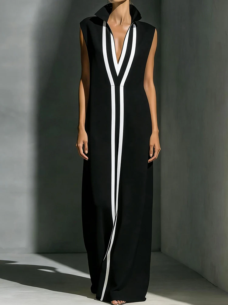 Holiday Sleeveless Fashion Simple Party Dress, Women Summer V Neck Patchwork Chic Maxi Dress, 2026 Casual Elegant Ladies Dress