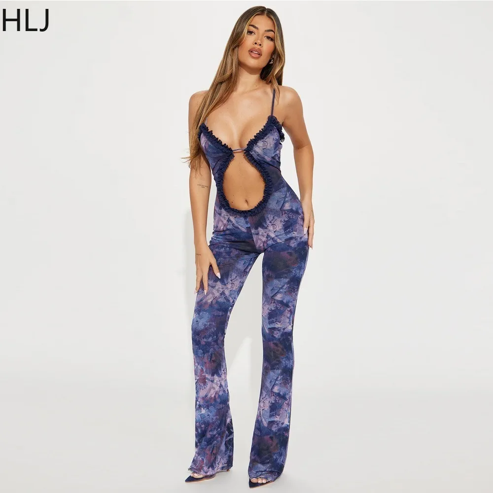 HLJ Fashion Mesh Tie Dye Print Perspective Hollow Jumpsuits Women Deep V Thin Strap Sleeveless Backless Bodycon Party Playsuits