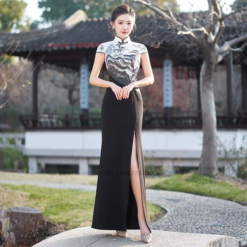 2026 chinese vintage dress improved cheongsam national ink painting patchwork qipao evening banquet dress oriental formal qipao