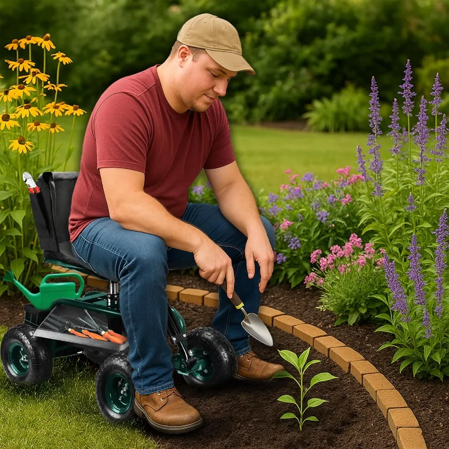 مقعد حديقة بعجلات قابل للتعديل 360 قطب البستنة البراز مع تعديل الارتفاع الهيدروليكي مسند الظهر مريح ومخزن الأدوات #2