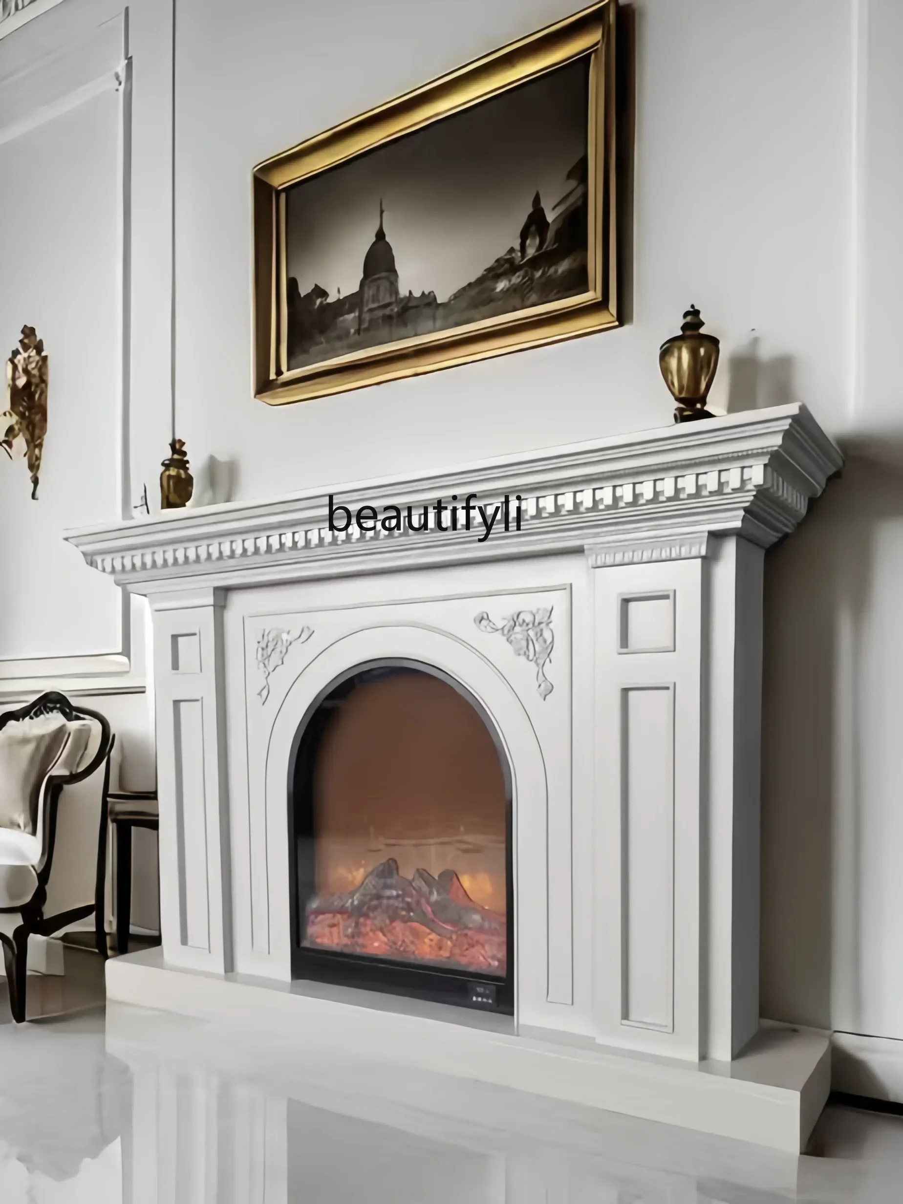 

Living room entrance cabinet retro solid wood fireplace decorative cabinet American simulation fire fireplace cabinet