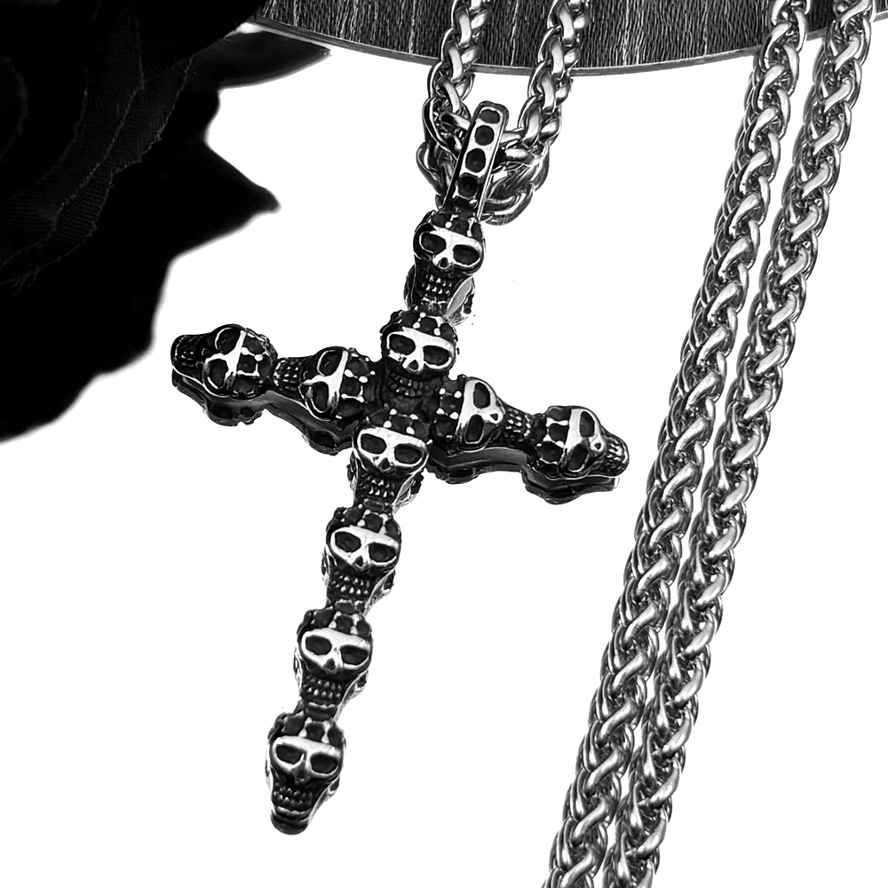 

Punk Skeleton Cross Male Chain For Women Men Stainless Steel Black Skull Religion Street Dark Pendant Necklace Jewelry Gifts