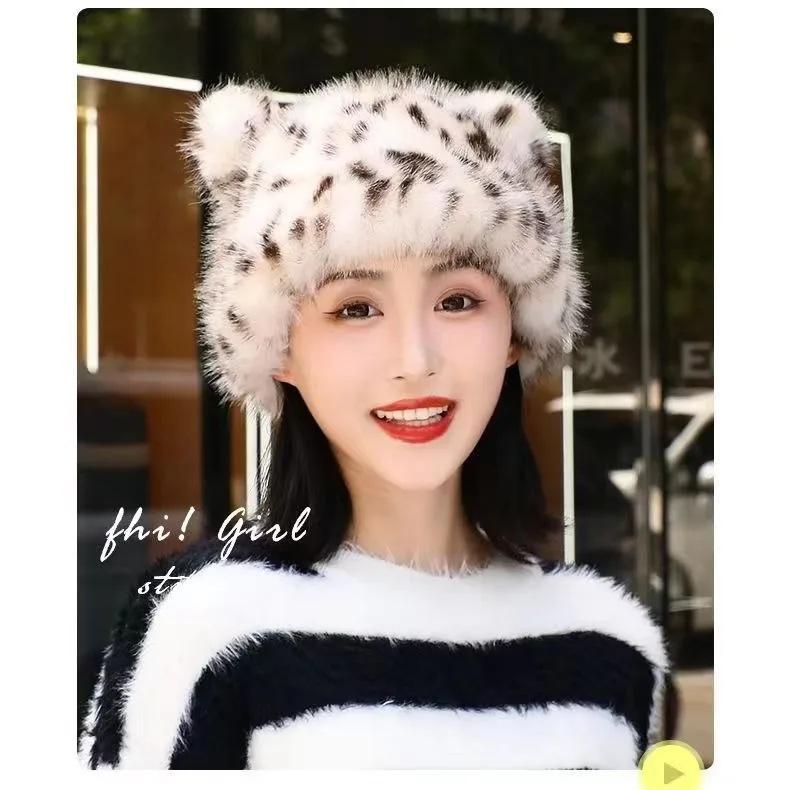 Spotted Leopard Faux Fur Hats Women Thicken Soft Plush Ears Warm Skullies Bonnet Outdoor Windproof Ski Skate Hats