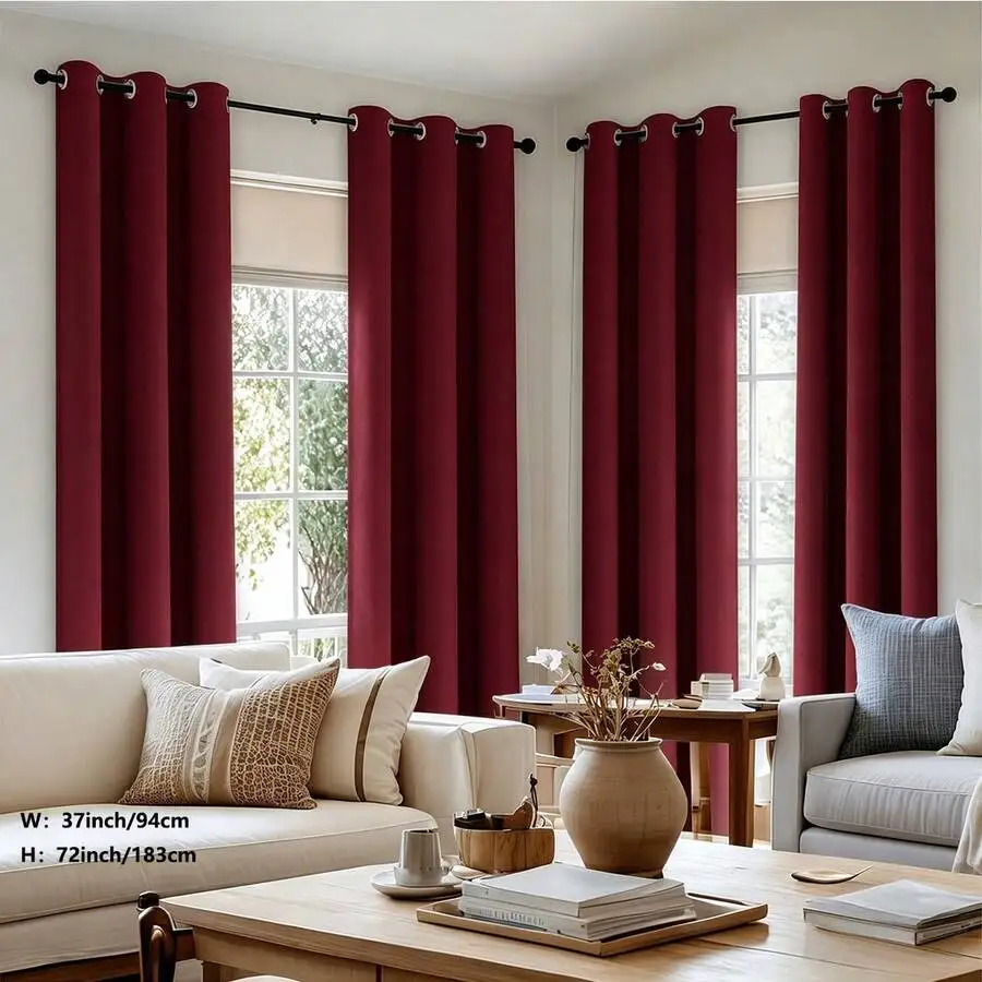 4 Panels Burgundy Solid Grommet Top 100% Blackout Drapes, Waterproof Backing Light Blocking Curtains, Privacy Window & Shower Cu
