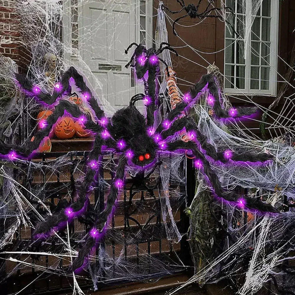 Halloween-Spinnen-Dekor, gefälschte riesige elektrische Spinne mit lila LED-Leuchten, schwarze haarige Spinne für Halloween-Plüschtiere, leuchtend