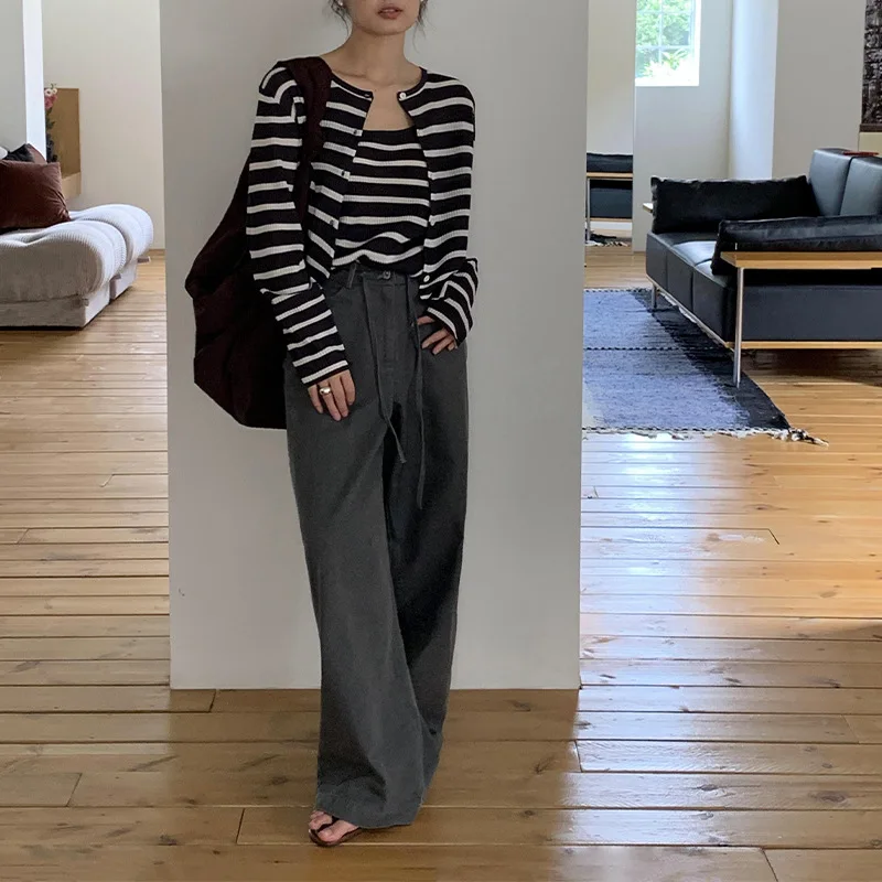 Striped Contrasting Color Knitted Cardigan Two-piece Set Women's 2024 Autumn New Basic Thin Crew Neck Top 23461