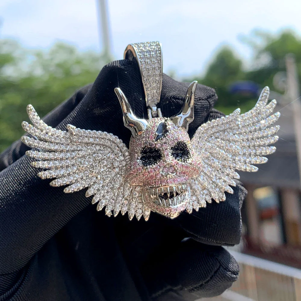 Anztilam Skull Wing Iced Out Pendant Necklace with Rope Chain Necklaces for Women Men Brass Zircon Punk Hip Hop Jewelry