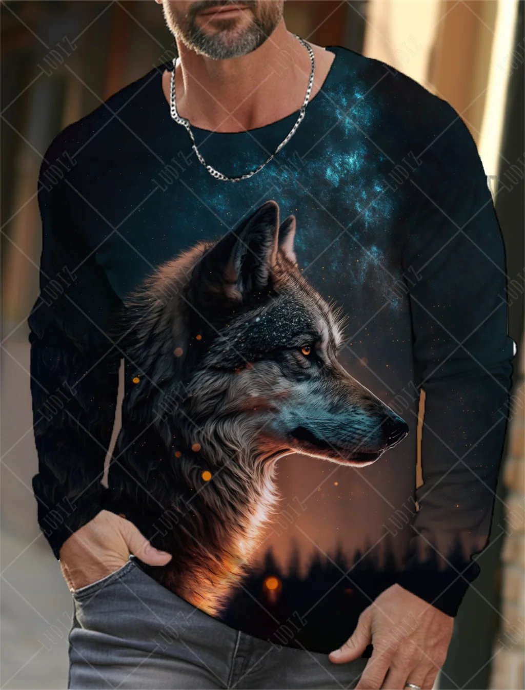 Vintage Men\'s Long Sleeve T-Shirt 3d Print Shirts Fashion Animal Wolf Graphics Clothing Sleeve Tops Men Oversized Streetwear Top