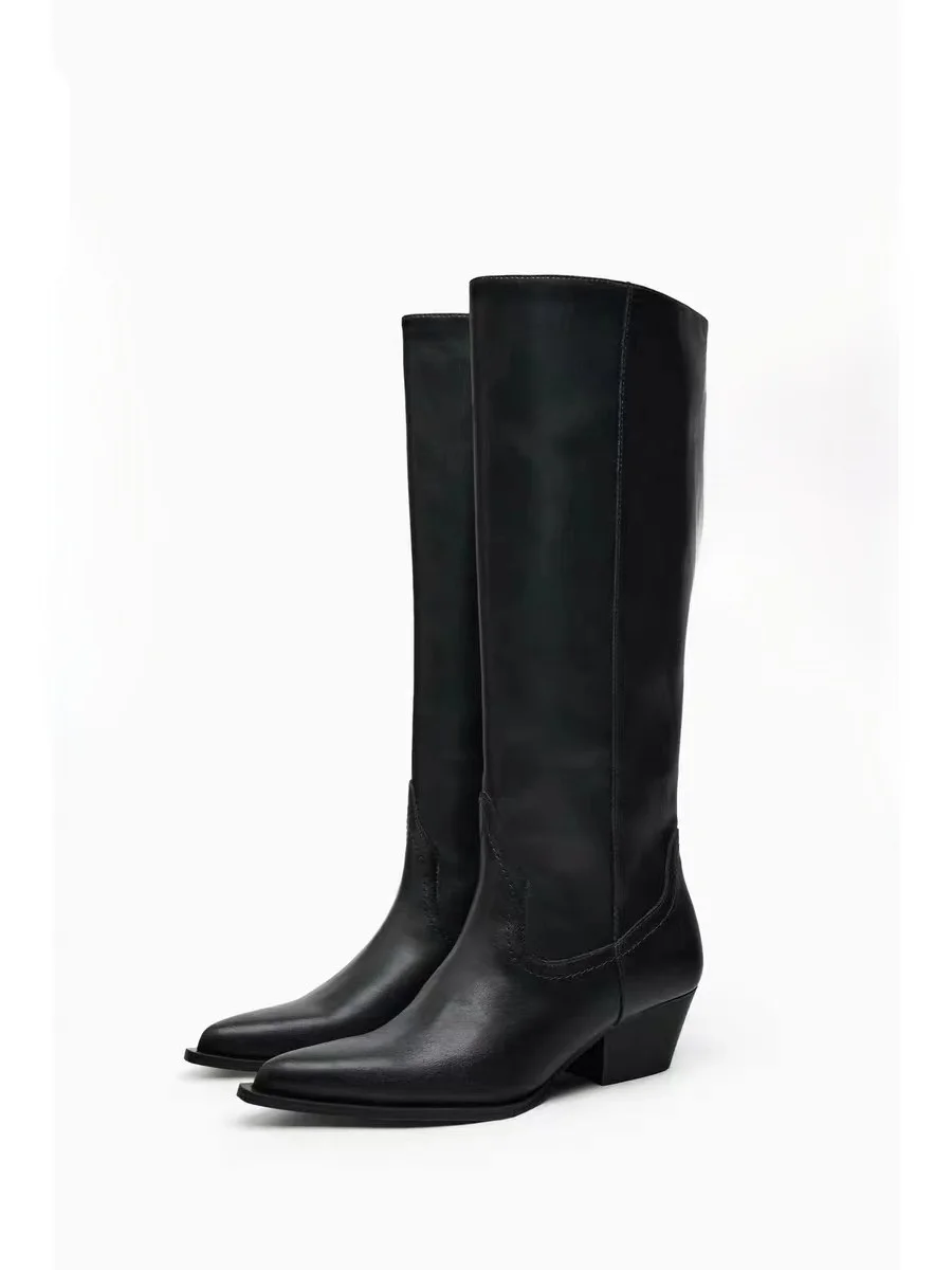 

ZAKQ Autumn New Women's Boots Bla Retro High Tube Pants Boots Versatile Faion Long Boots Faionable Pointed Toe mid Heel