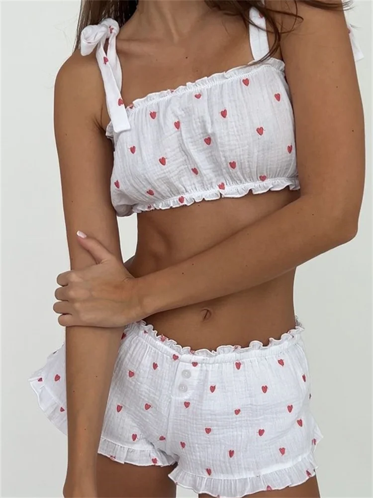 CHRONSTYLE Women Summer Pajama Sets Heart Print Tie-up Strap Camis Cropped Tops with Buttons Shorts 2 Pieces Set Streetwear 2024