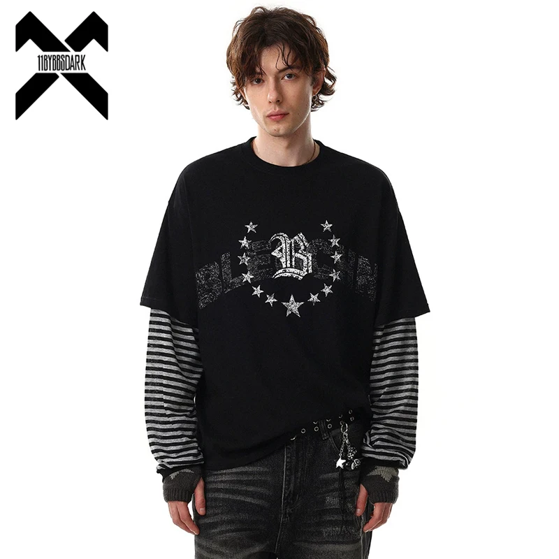 

2026 New Loose Long Sleeve T-Shirt for Men and Women Fake Two-Piece Design T Shirt Oversized Unisex Striped Tops Tees Y2K