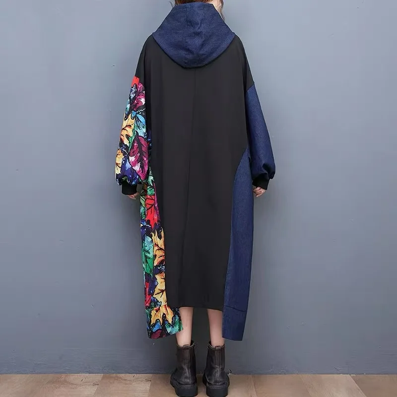 2025 Spring New Elegant Patchwork Printed Hooded Loose Long Dress Women Long Sleeve Dress Female Wholesale J655