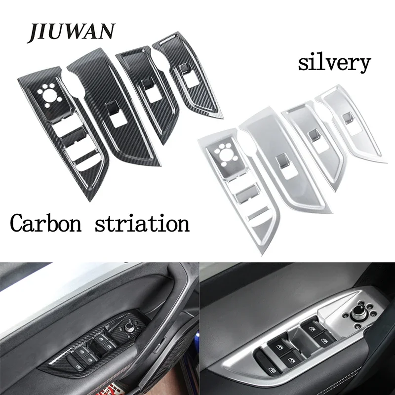 Car Window Lift Swith Panel Frame Cover Trim For Audi Q5 FY 2018-2020 Carbon Striation & Silvery ABS Wear-resistant Strips