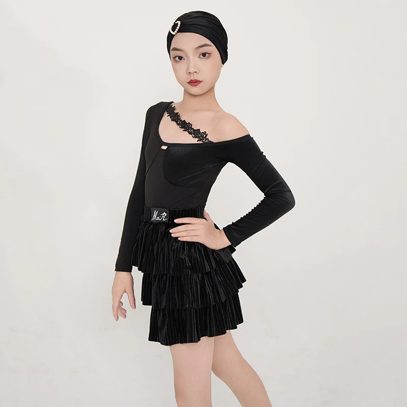 Strój do tańca latynoamerykańskiego dla dziewcząt, czarny strój na zawody taneczne, ubrania do samby i tańca towarzyskiego dla dzieci, sukienki treningowe SL13942