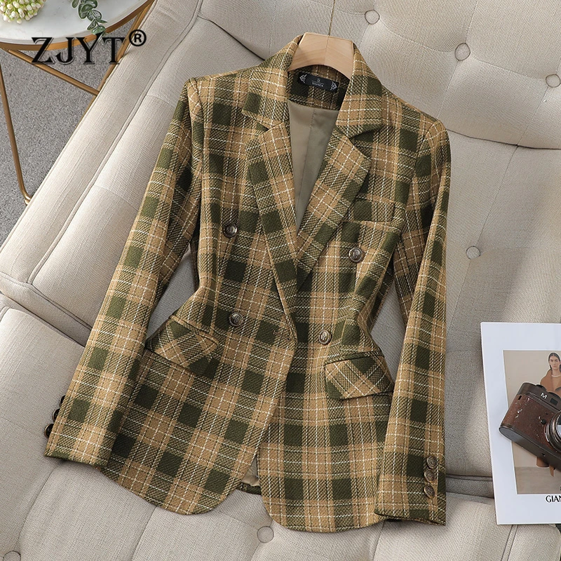 

ZJYT Vintage Plaid Print Outerwears Woman 2024 New In Coats Blazers Feminino Jackets Large Size Elegant Lady Casaco Veste Femme