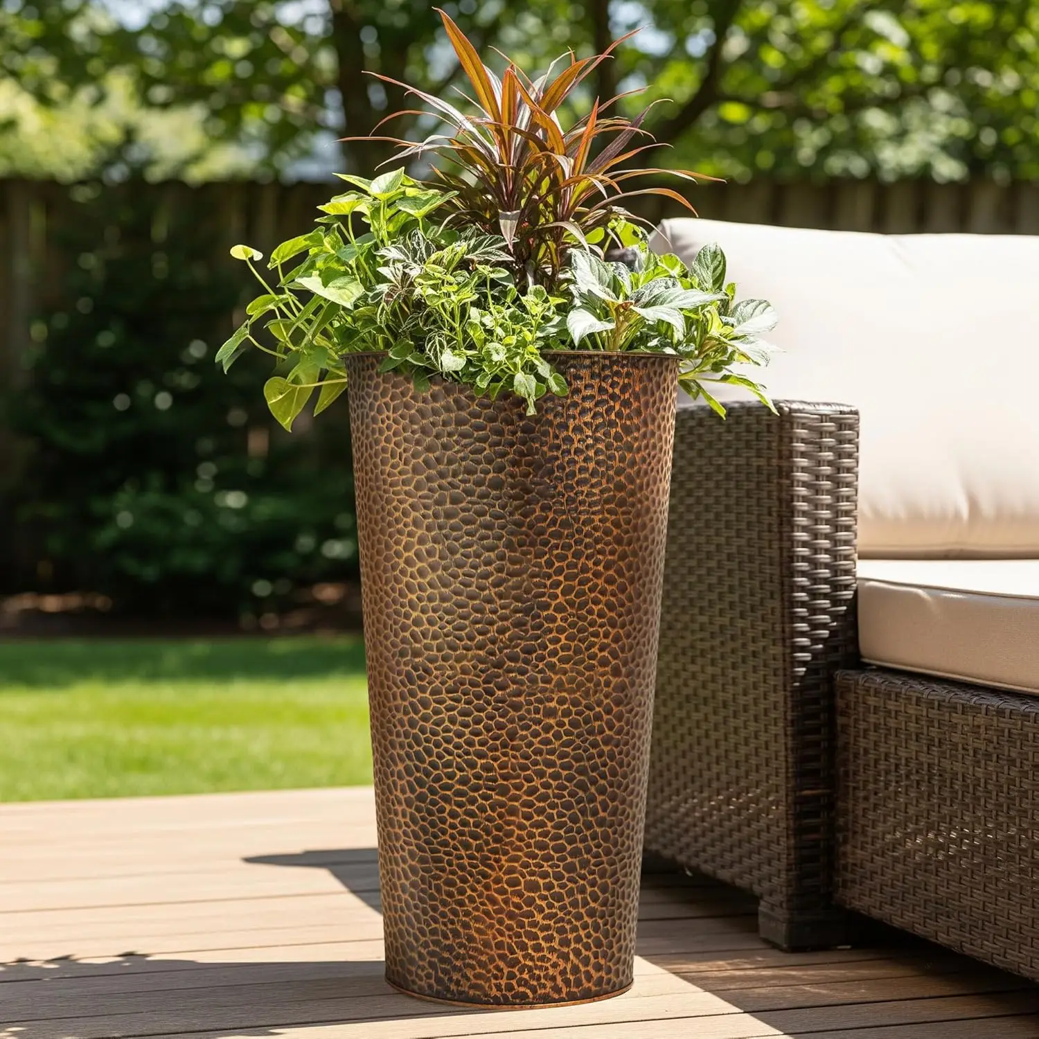 

Garden 2-Pack 25" H. Metal Planter with 2X Inside Pots - Hand-Hammered Texture Tall Cone Plant Pots - Large Handcrafted Black
