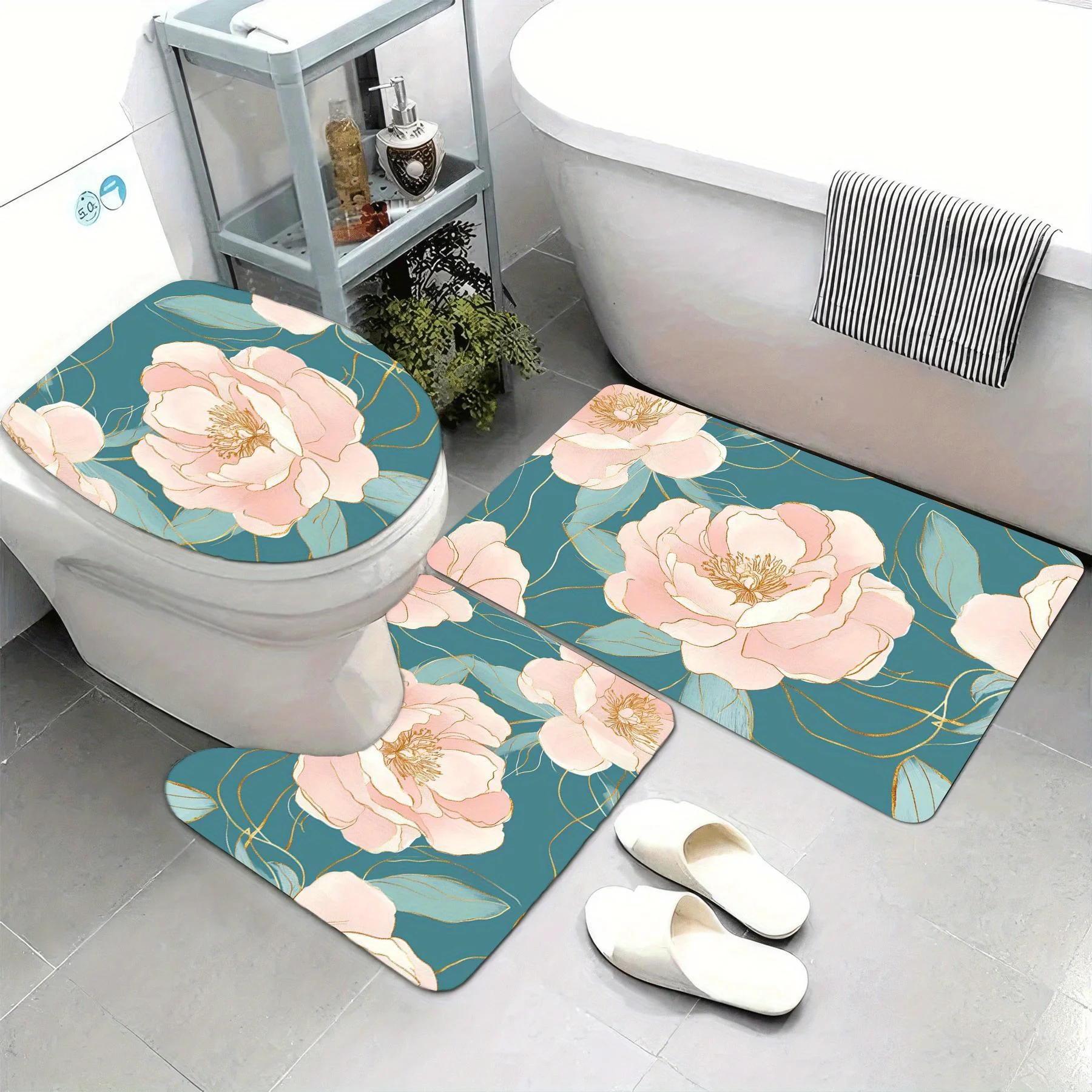 

3pcs Soft & Absorbent Plush Bath Mats Non-Slip, Washable, Comfortable, Delicate Pink Magnolias On Mint Pattern Hand Drawn Bath