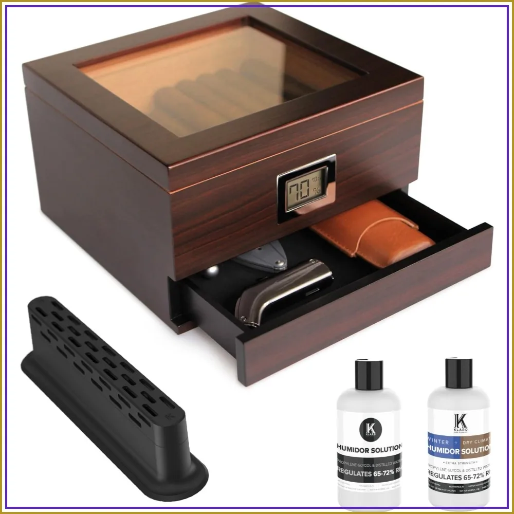 Glass Top Cigar Humidor with Thick Cedar, Easy Humidification System, Accurate Digital Hygrometer - Brown