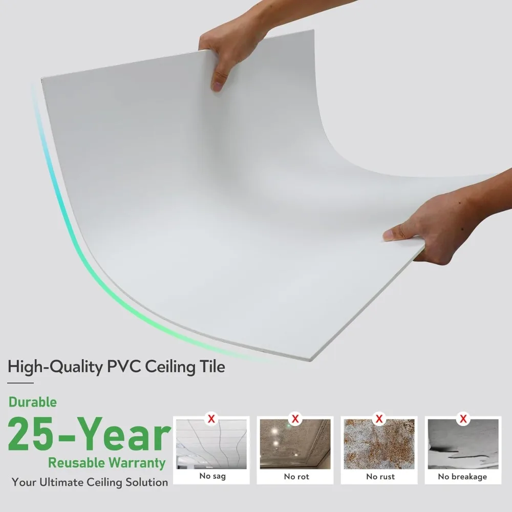 Потолочная плитка 2 x 4 фута, белая гладкая потолочная плитка 24 x 48 дюймов, водонепроницаемая - огнестойкая для предотвращения разрыва крышки 80