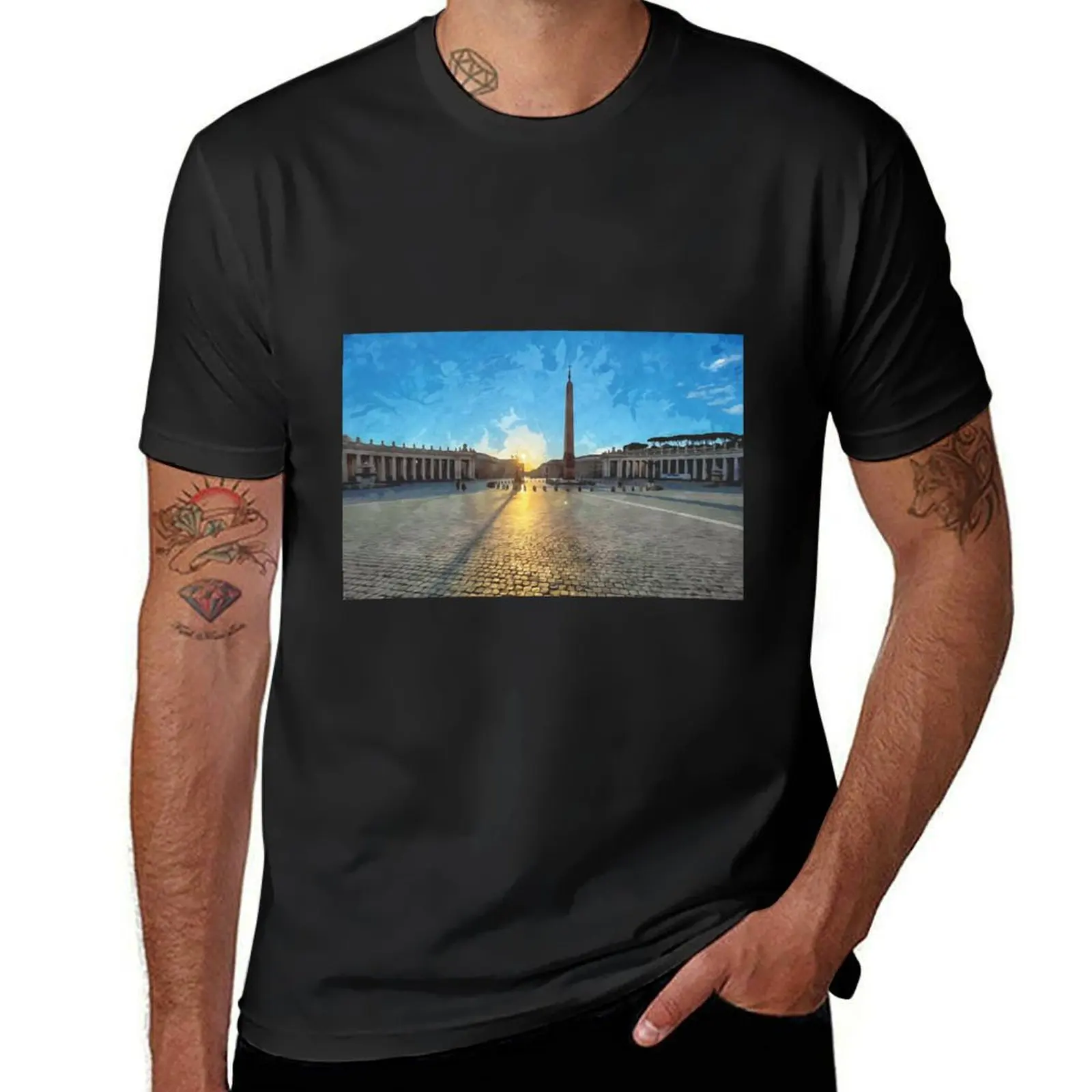 

View of St. Peter's Square in Rome at sunrise in watercolor T-Shirt oversizeds plus size tops Men's t shirts