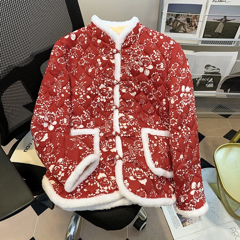 Women's Cotton-padded Coats Large Size Small Flower Jacket Fleece-lined Thick Guofeng Outwear Tang Suit Floral Coat Winter 2025