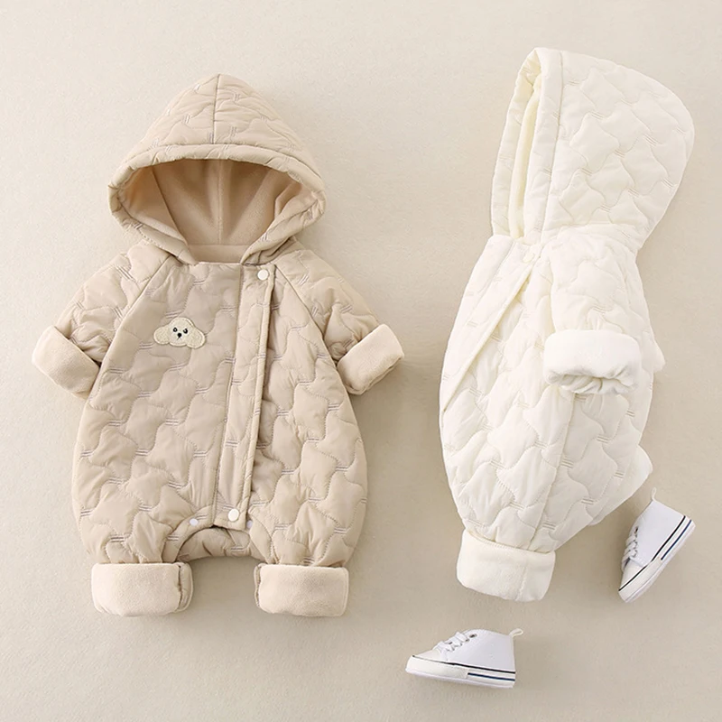 

MILANCEL Autumn Winter Baby Clothes Newborn Thick Jumpsuit 0-2Y Boys Fleece Lining Warm Romper Toddler Girls Cute Hooded Outwear