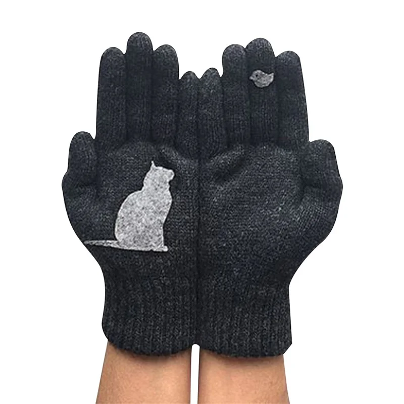 Women  Faux Wool Gloves Cartoon Cat Bird Autumn Winter Thicken Knit Warm Gloves Cashmere Cute Fashion Outdoor Cycling Gloves