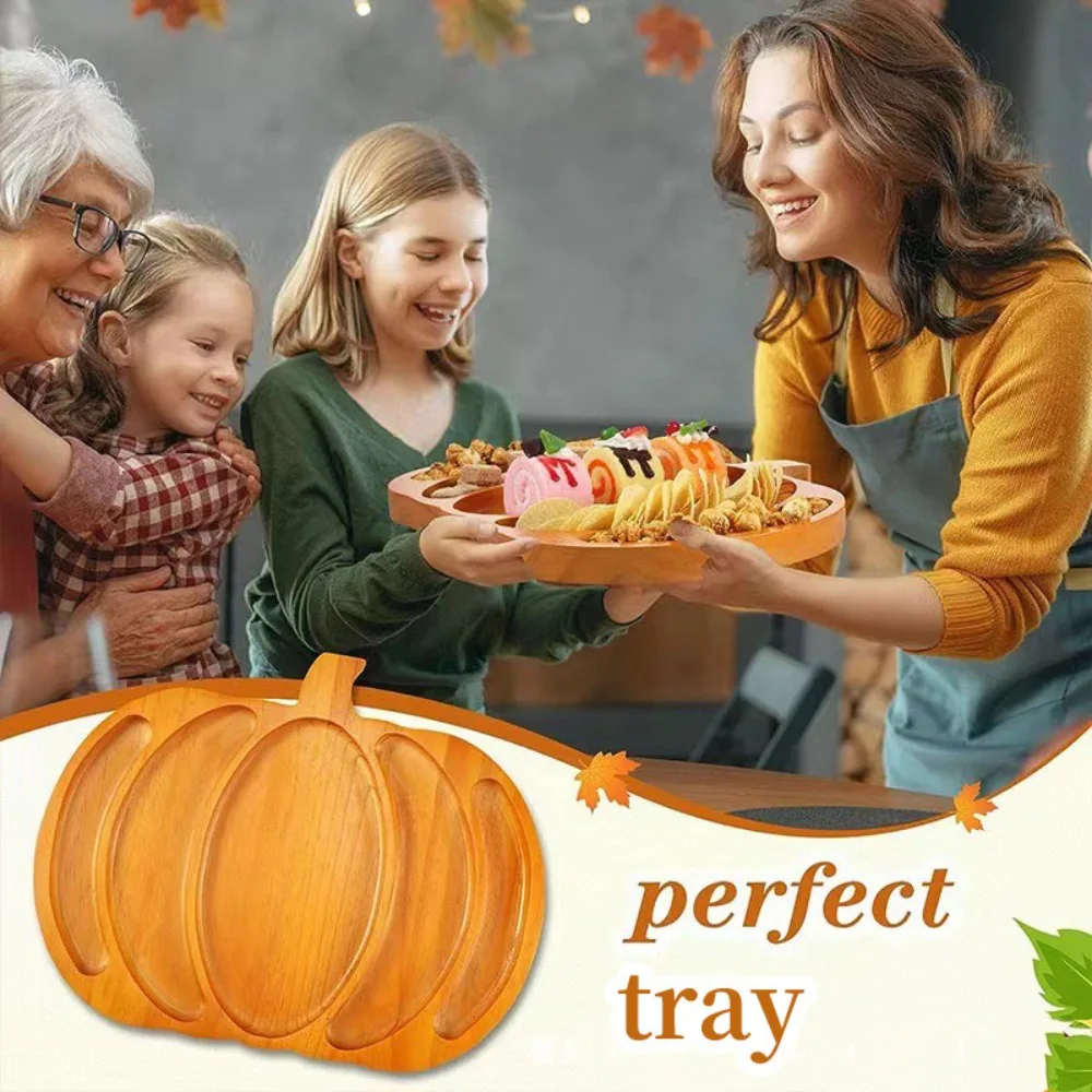 Wooden Halloween Pumpkin Snack Tray 5 Grid with Compartment Nut Platter Drop-resistant Sturdy Charcuterie Board Harvest Festival