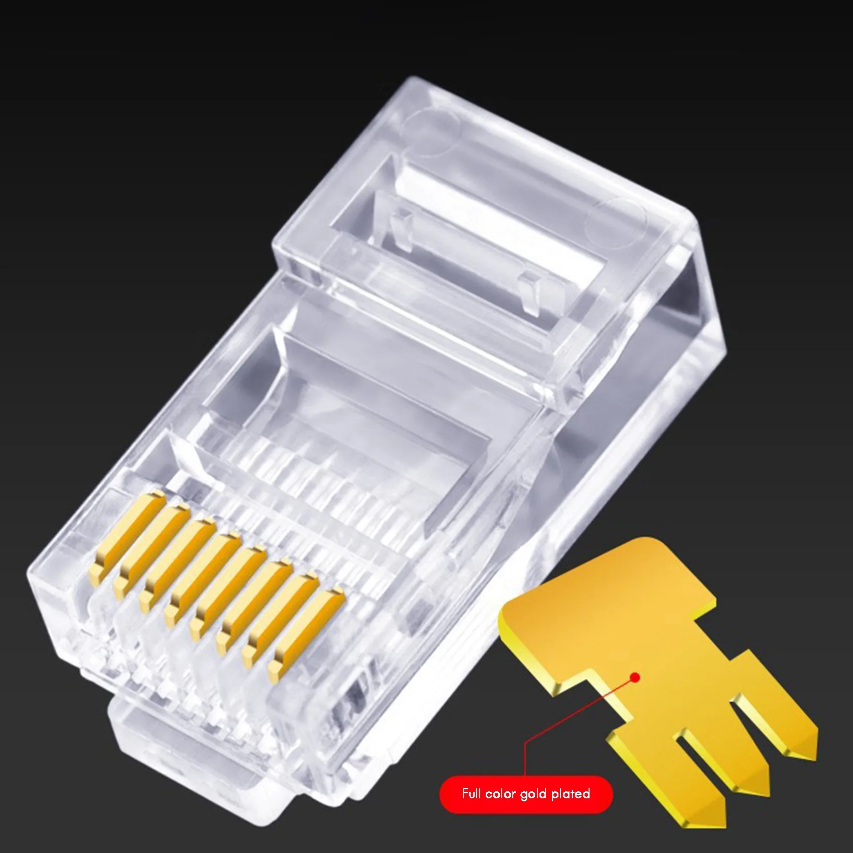 Cabeça de cristal do conector Ethernet banhado a ouro, categoria 5, RJ45 através do furo, 8P8C, Cat5 perfurado Unshielded, 100 pcs