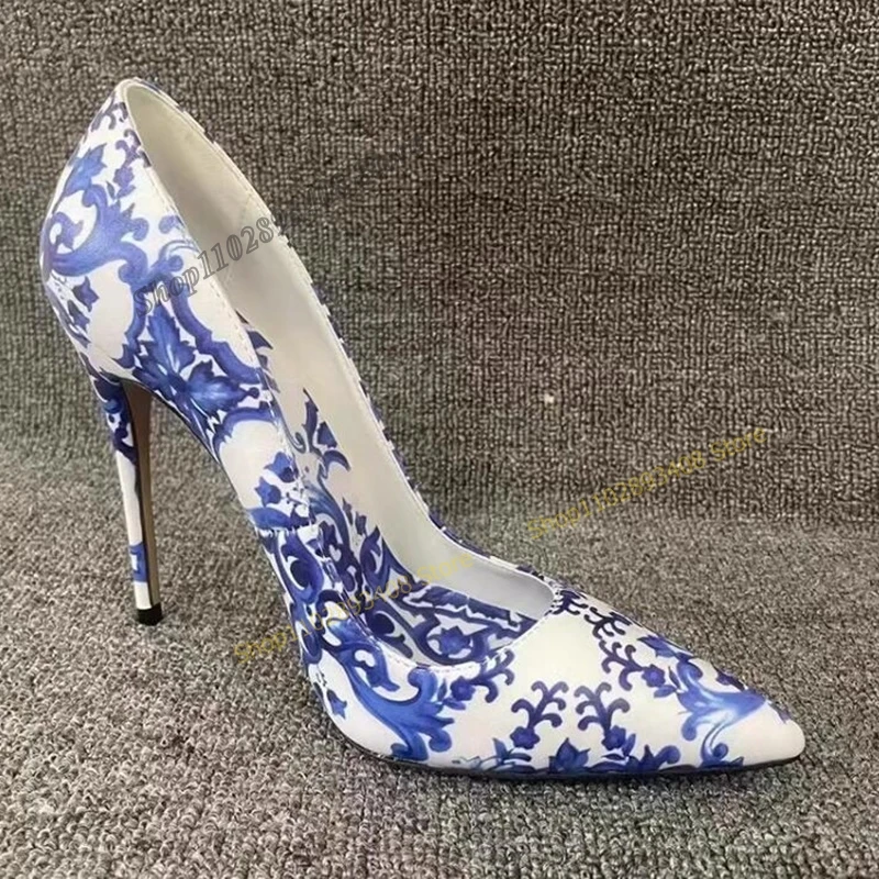 

Blue and White Porcelain Print Shallow Pumps Pointed Toe Stilettos Heel Chinese Style Women Shoes 2023 Sexy Zapatos Para Mujere