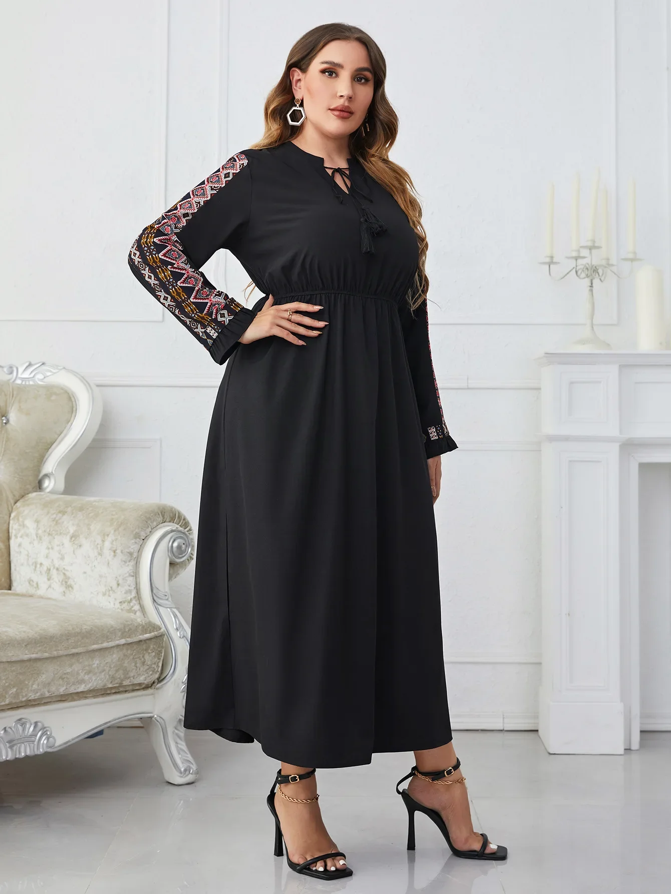 Plus Size V Cut Out Lace-up Neck Women Dresses Solid Long Sleeves Robe Dress Elastic Waist Autumn Female Elegant Clothing Gown