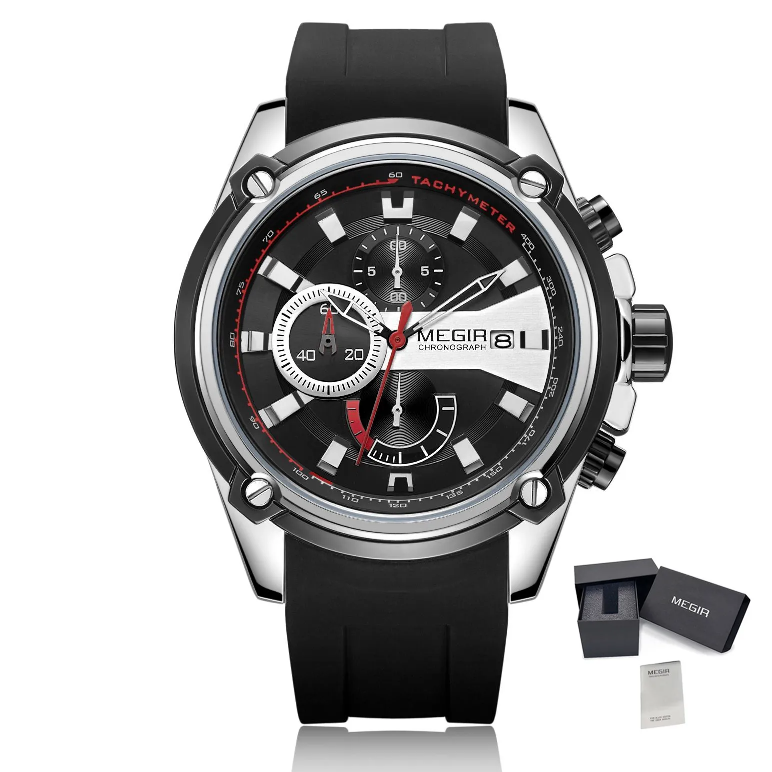 MEGIR Chronograph Luxury Brand Men Sports Watches Silicone Strap Quartz Casual Wristwatch Waterproof Calendar Reloj Hombre 2086