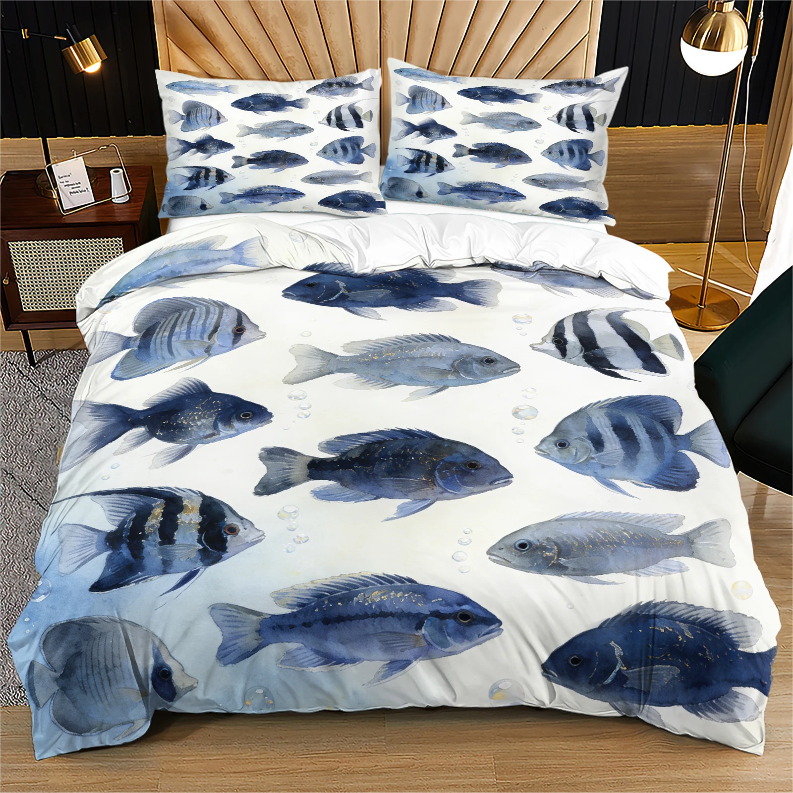 Watercolor Gradient Blue Tropical Cichlid Fish Full Print Duvet Cover Set Nautical Ocean Coastal Duvet Pillowcase Set