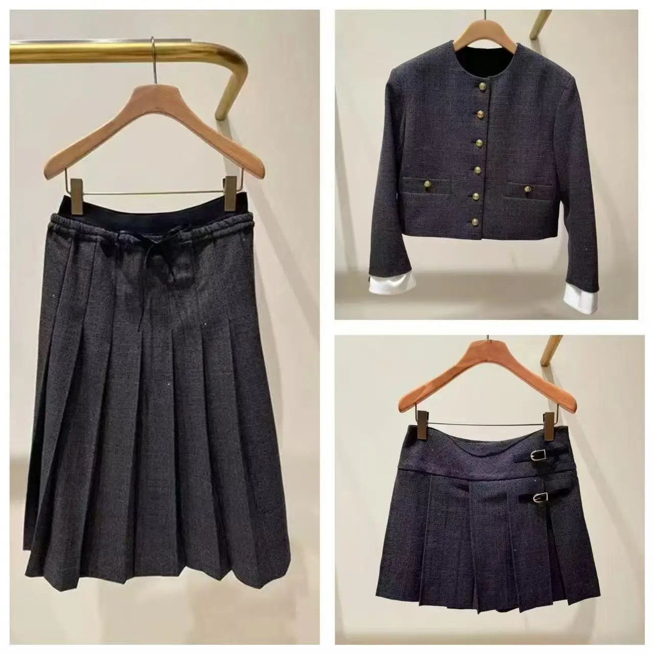 

Elegant Plaid Jacket Skirt Set Grey Sequin Long Dress Autumn Collection Women's Fashion High Waist Straight Cut Breathable
