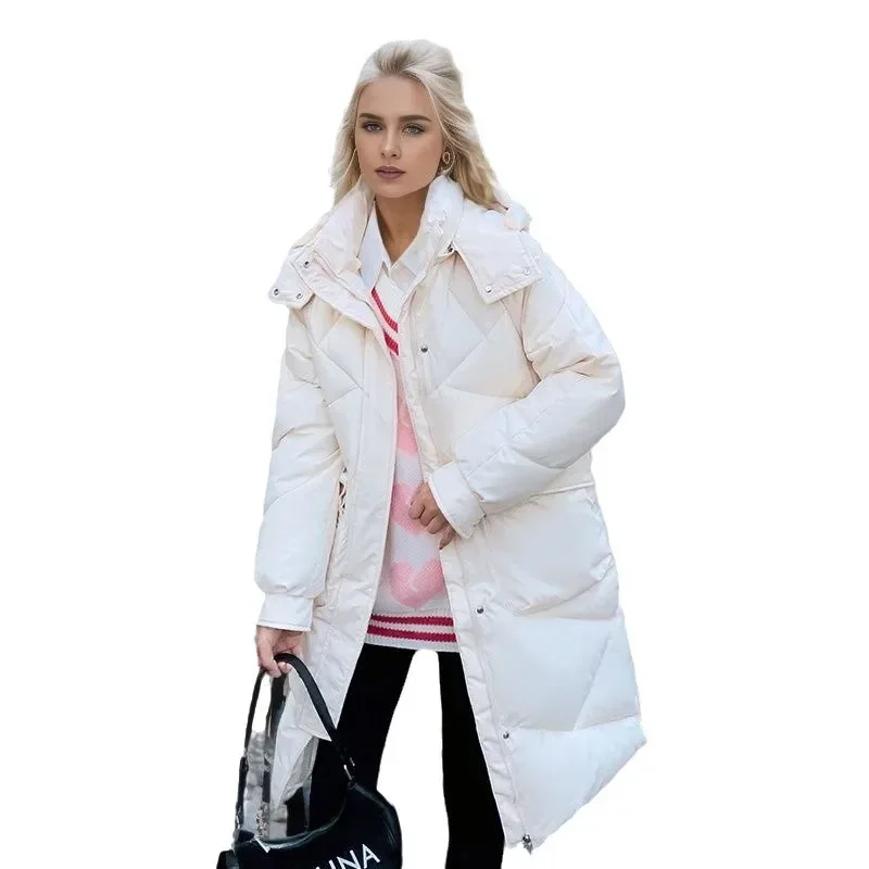 Dames winterjas vrouwelijk pure kleur capuchon lange parka's jassen tops dames 2-pocket dikker warme katoenen jas voor dames 2025