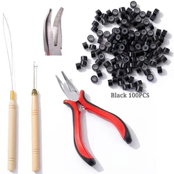 Hair Extensions Tool Kit I-tip Hair Extension Pliers Pulling Hook Bead Device Tool Kits and 100 Pcs 5 mm Micro Links Rings Beads
