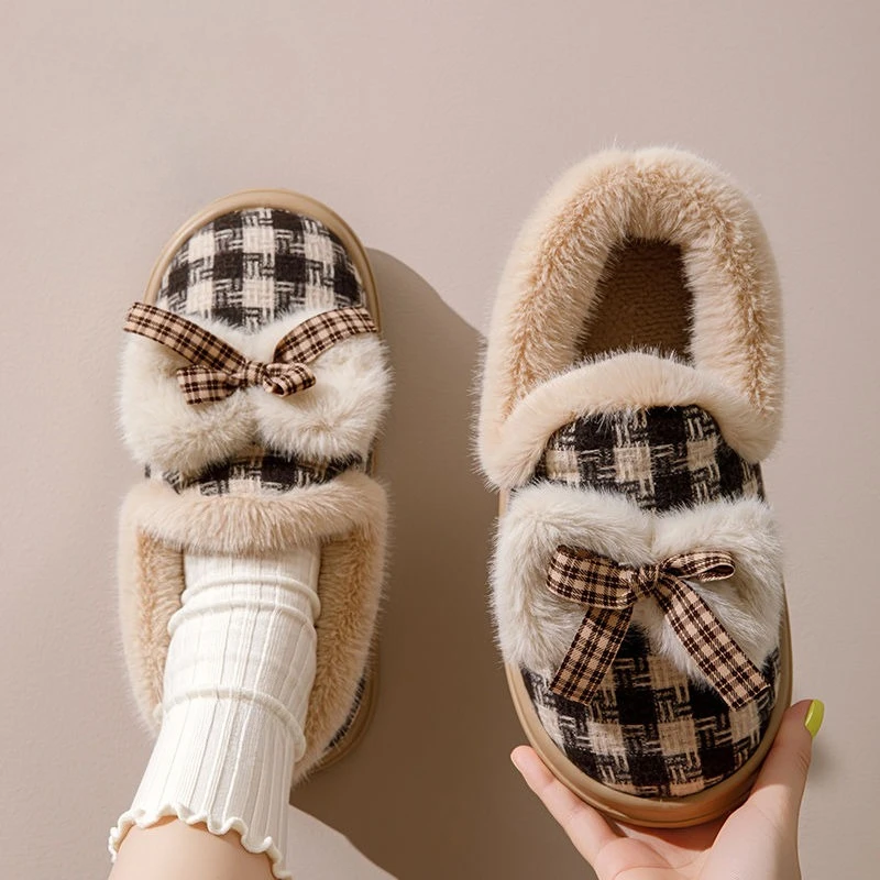 Checkered Women's Cotton Slippers Couple Style Thickened Heel Warm Anti Slip Thick Sole Indoor Winter Home Comfort Slippers