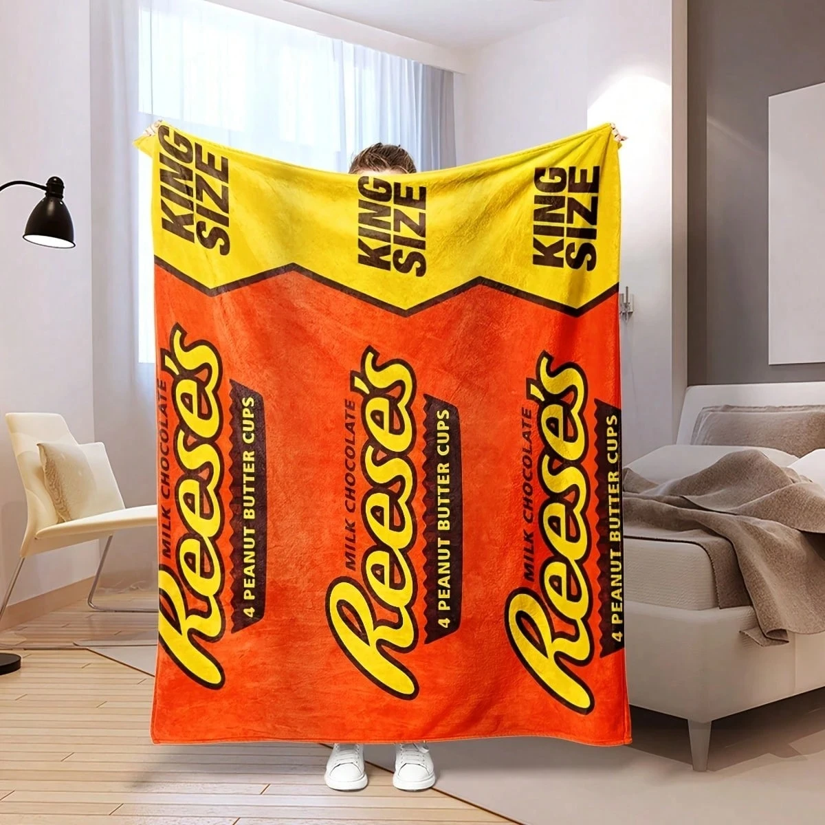 Manta de Franela Suave con Estampado 2D de Reeses Peanut Butter, de una Sola Cara, para Sofá, Cama o Sillón, con un Agradable y Dulce Toque Nostálgico, Ideal para Regalo