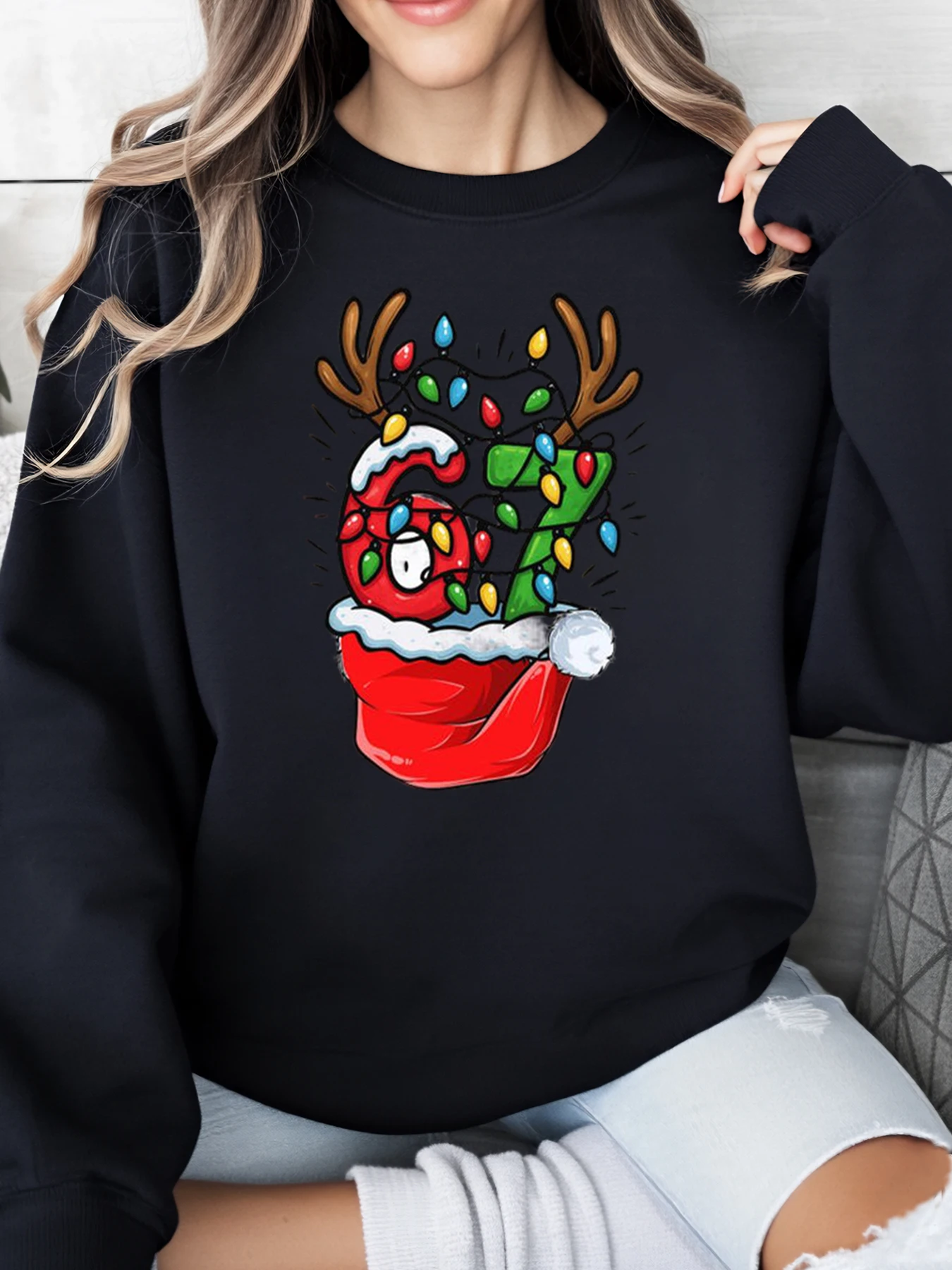 

Рождественский олень с подсветкой в чулок, праздничный свитшот с принтом, женская повседневная зимняя одежда, черный, больших размеров